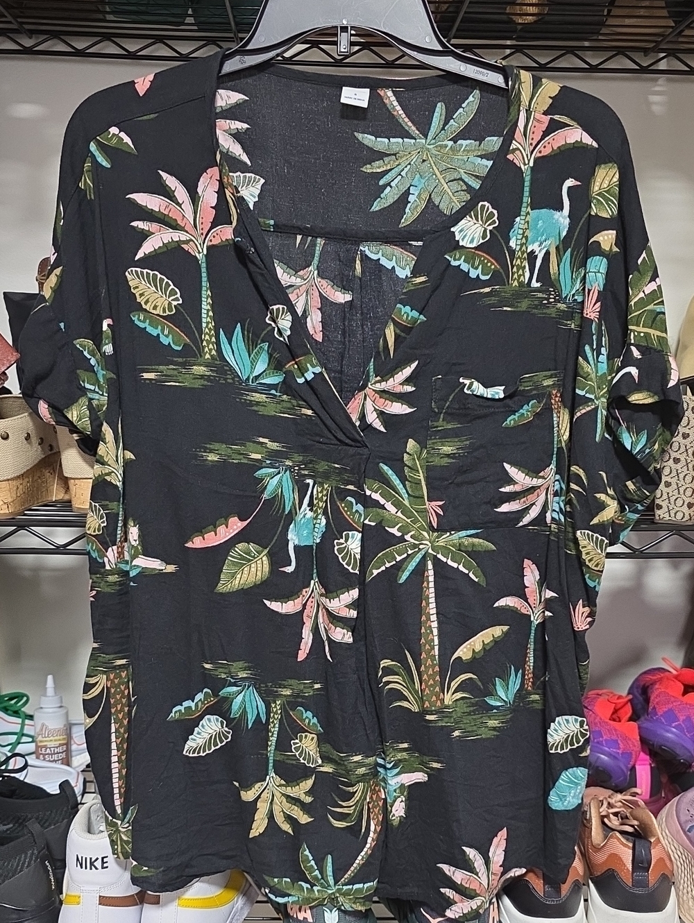 Old Navy Black Tropical Palm & Crane V-Neck Tunic